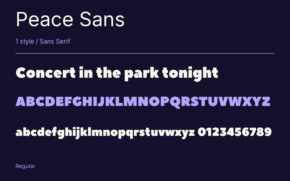Peace Sans type specimen with letters and figures