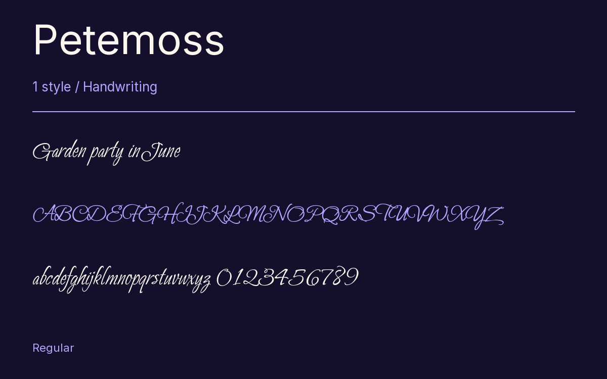 Petemoss type specimen with letters and figures