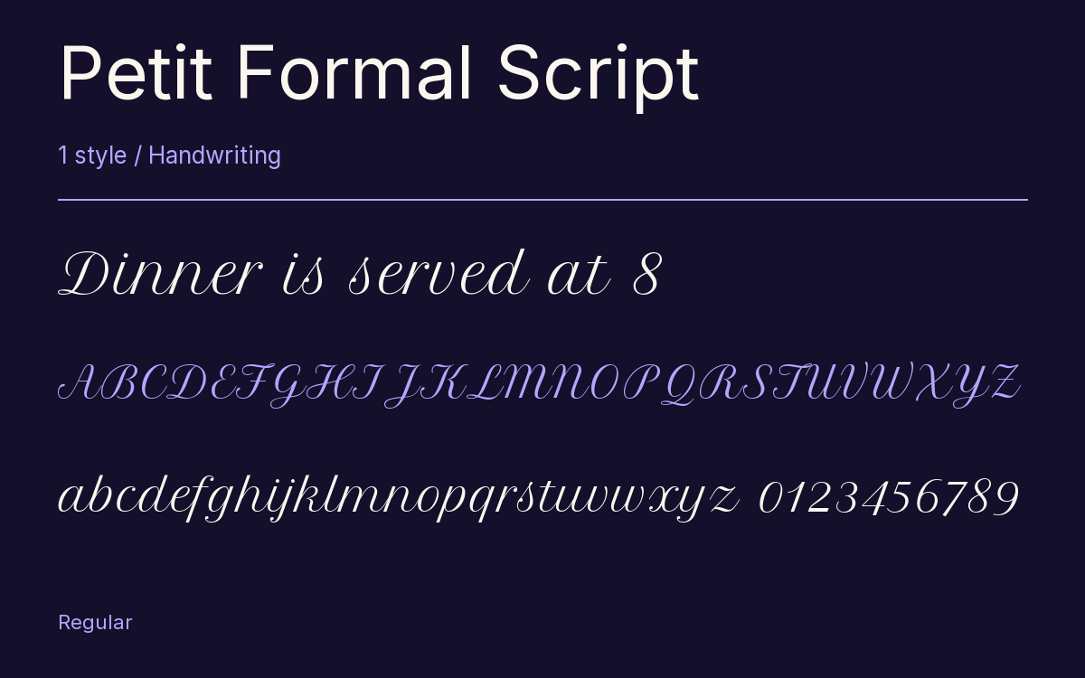 Petit Formal Script type specimen with letters and figures