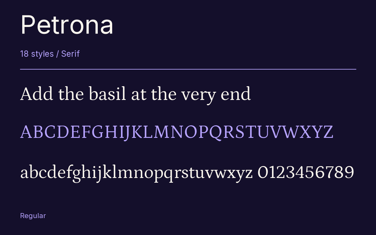 Petrona type specimen with letters and figures