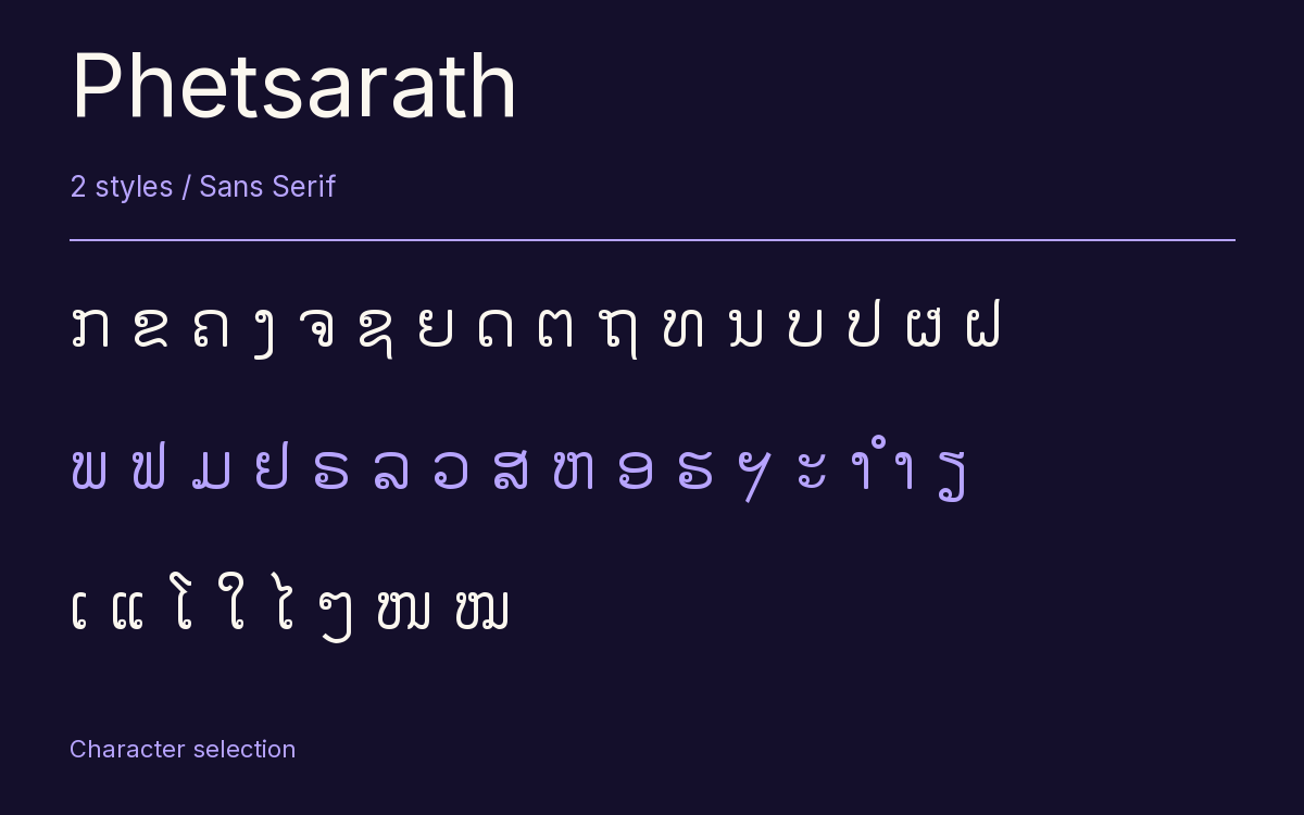 Phetsarath type specimen with letters and figures