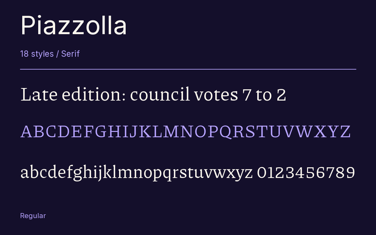 Piazzolla type specimen with letters and figures