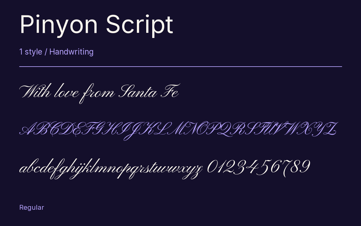 Pinyon Script type specimen with letters and figures