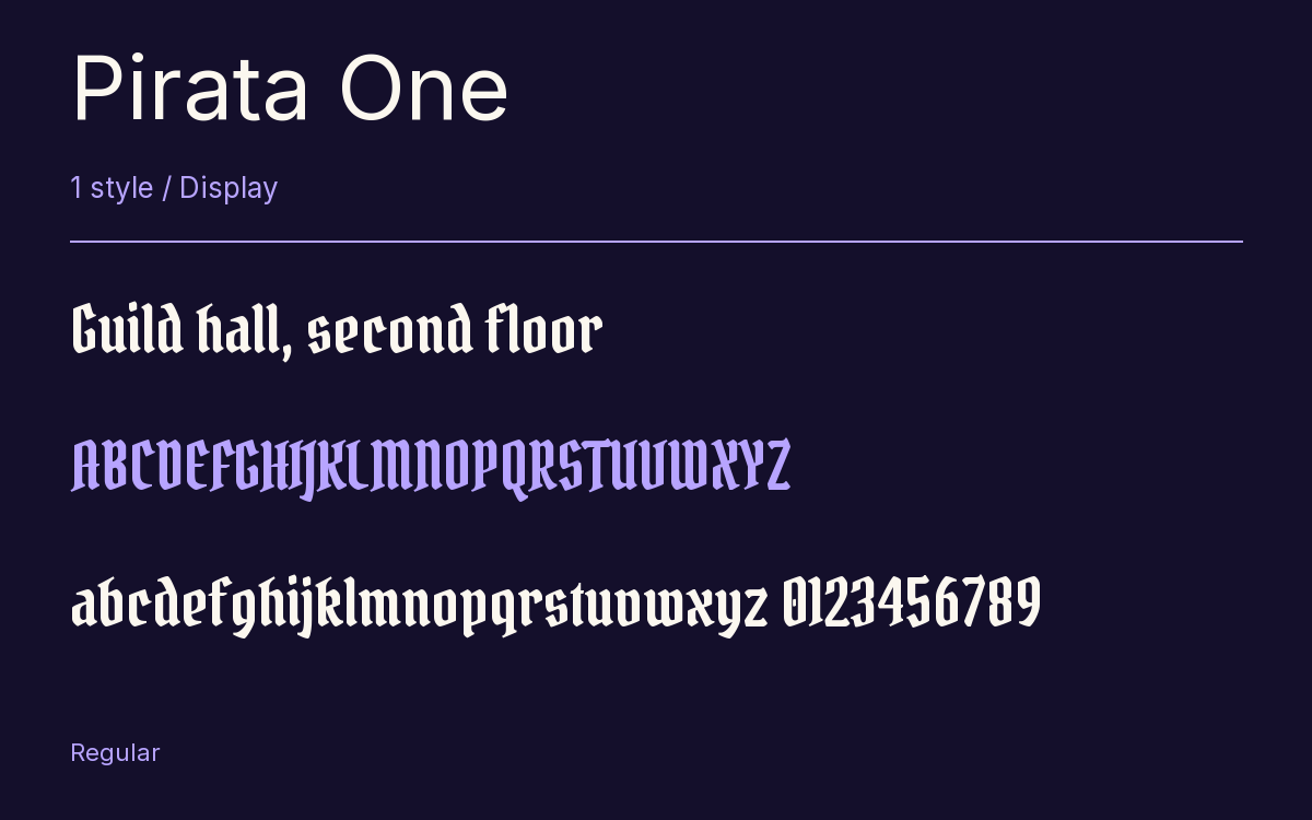 Pirata One type specimen with letters and figures