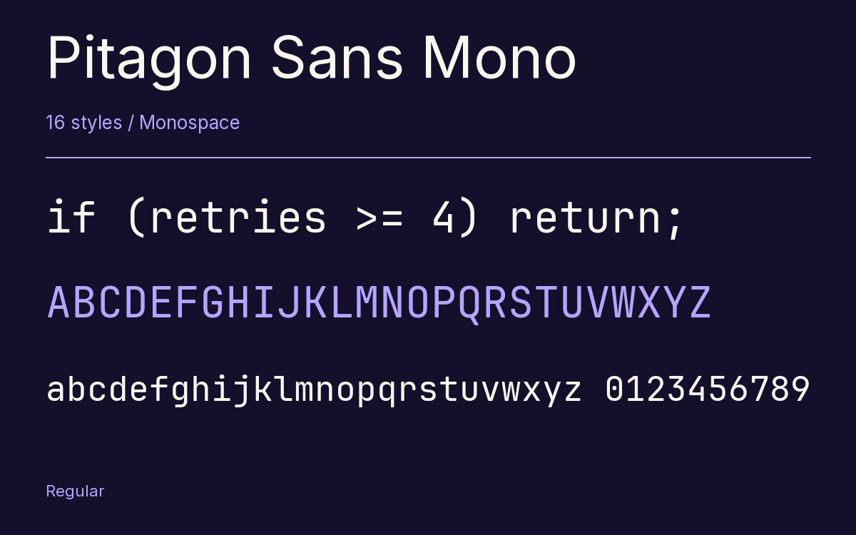 Pitagon Sans Mono type specimen with letters and figures