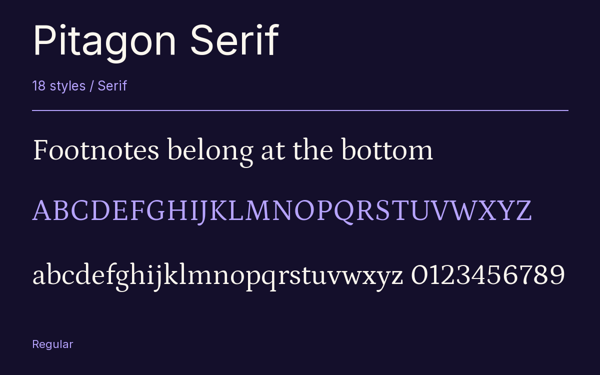 Pitagon Serif type specimen with letters and figures