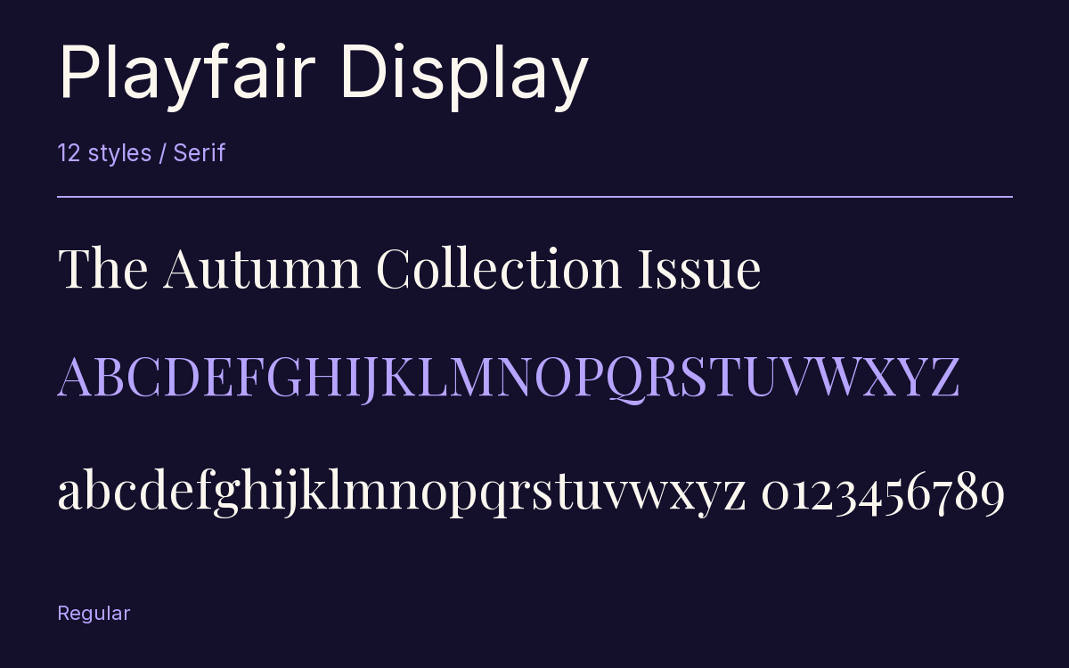 Playfair Display type specimen with letters and figures