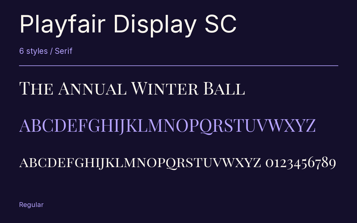 Playfair Display SC type specimen with letters and figures