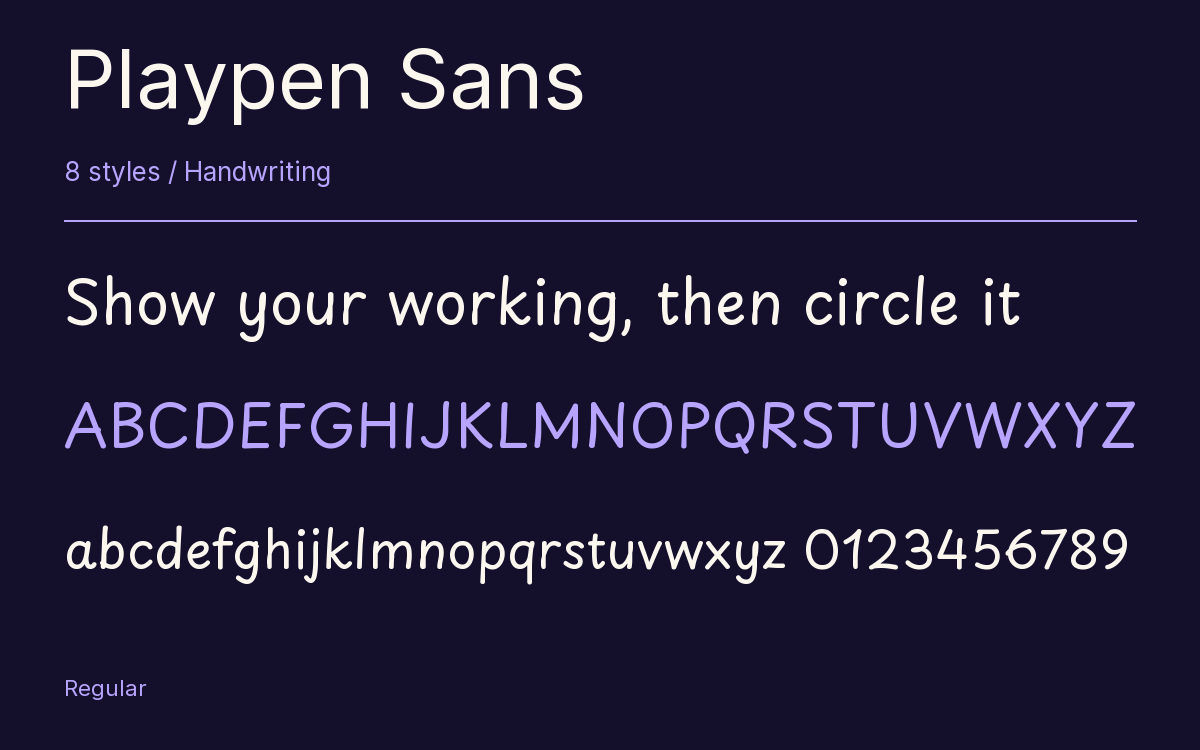 Playpen Sans type specimen with letters and figures