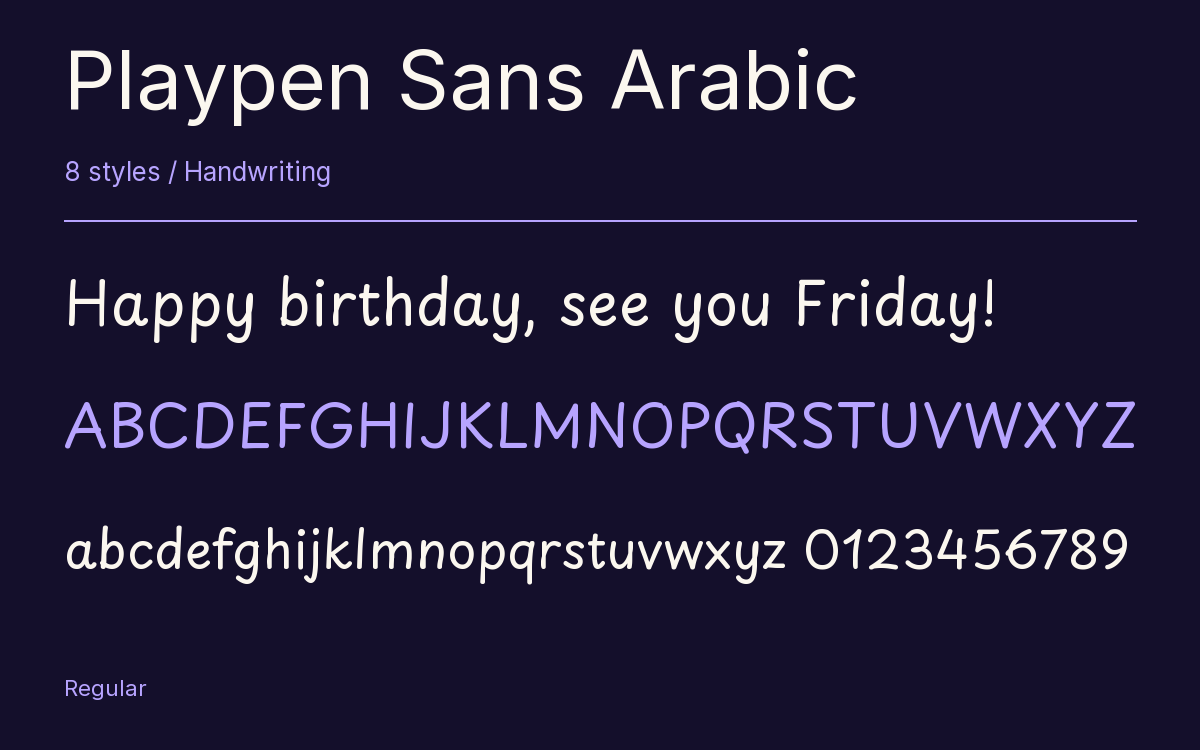 Playpen Sans Arabic type specimen with letters and figures