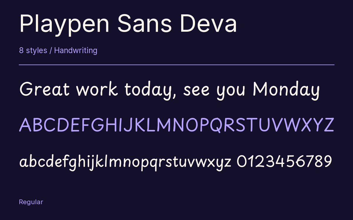 Playpen Sans Deva type specimen with letters and figures