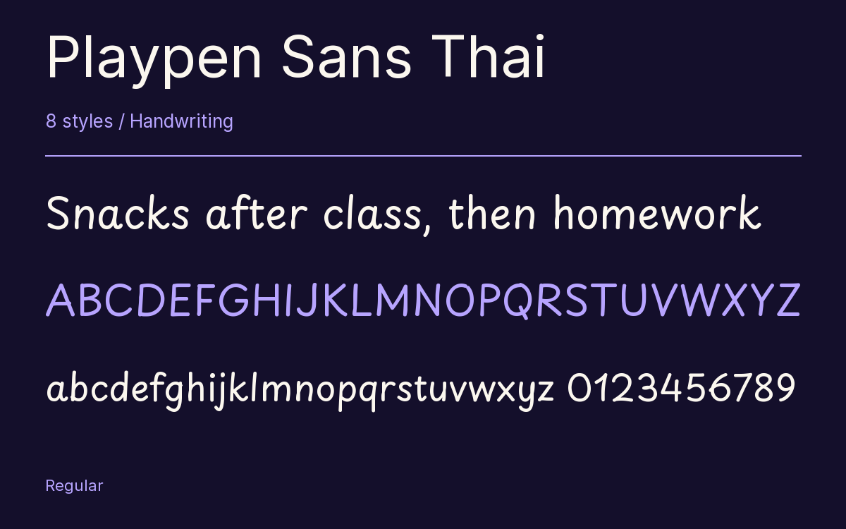 Playpen Sans Thai type specimen with letters and figures