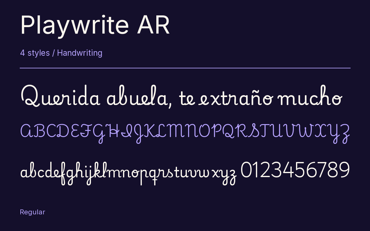 Playwrite AR type specimen with letters and figures