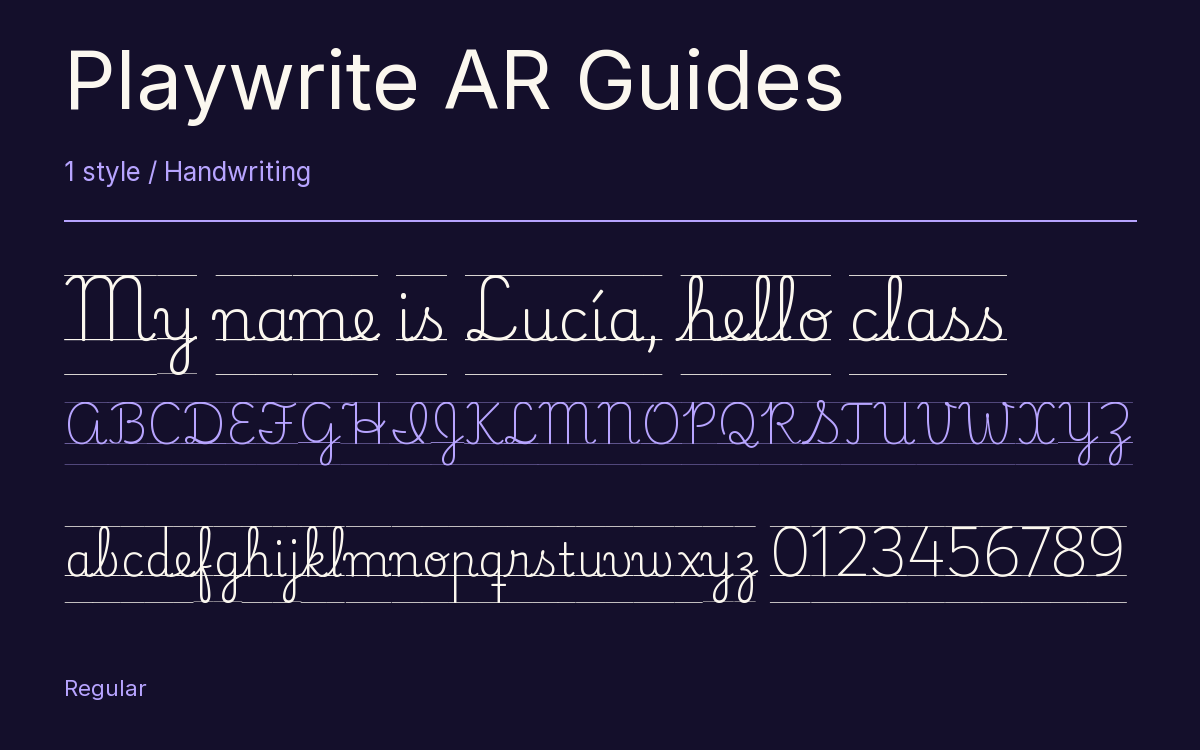 Playwrite AR Guides type specimen with letters and figures