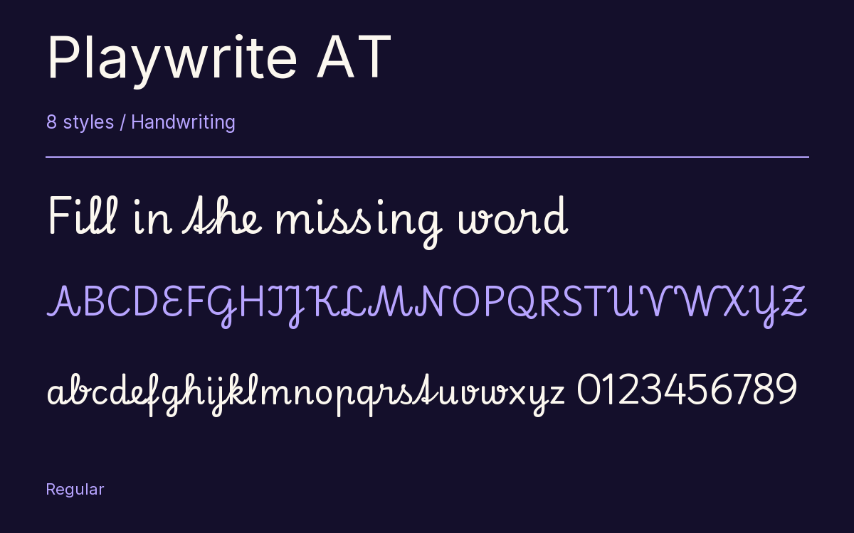 Playwrite AT type specimen with letters and figures