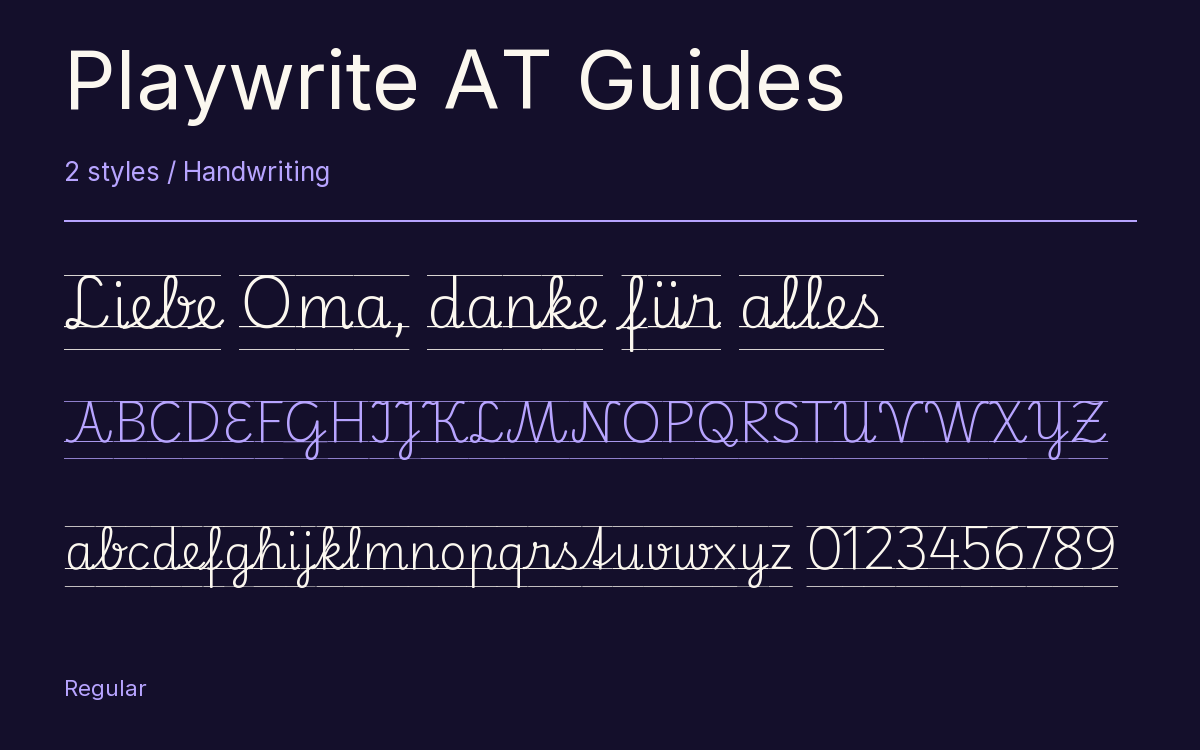 Playwrite AT Guides type specimen with letters and figures