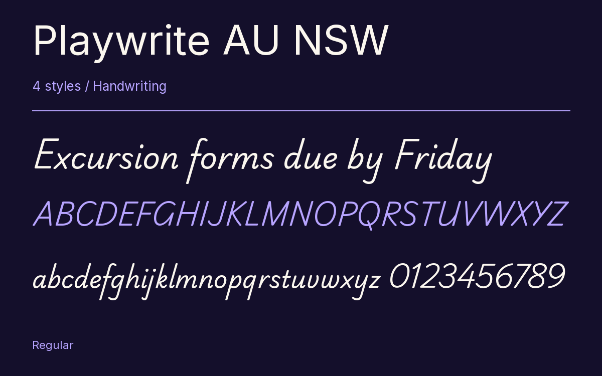 Playwrite AU NSW type specimen with letters and figures