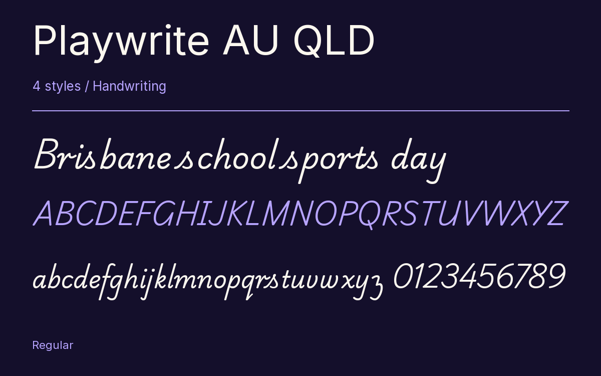 Playwrite AU QLD type specimen with letters and figures