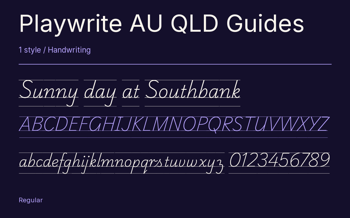 Playwrite AU QLD Guides type specimen with letters and figures