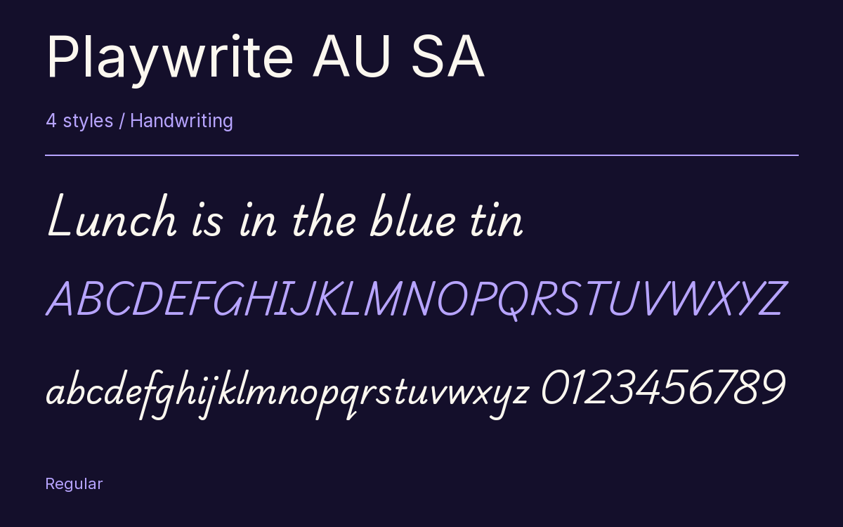 Playwrite AU SA type specimen with letters and figures