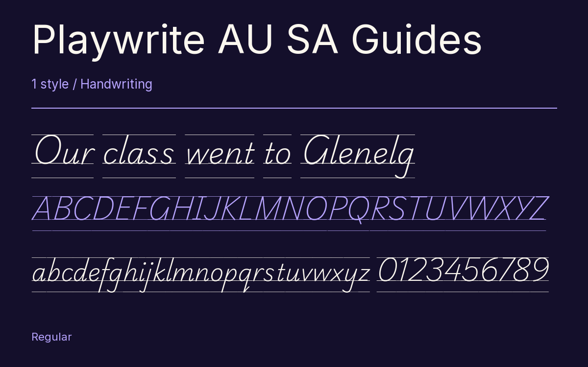 Playwrite AU SA Guides type specimen with letters and figures