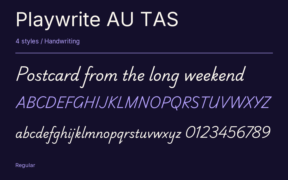 Playwrite AU TAS type specimen with letters and figures