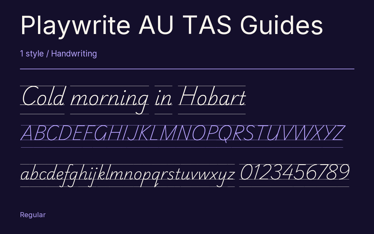 Playwrite AU TAS Guides type specimen with letters and figures