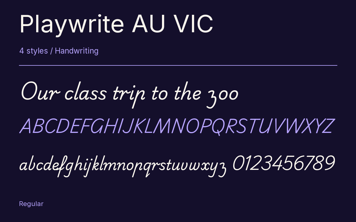 Playwrite AU VIC type specimen with letters and figures