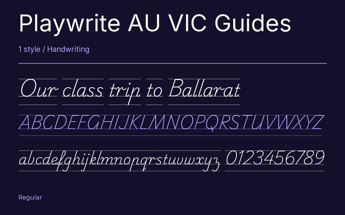 Playwrite AU VIC Guides type specimen with letters and figures