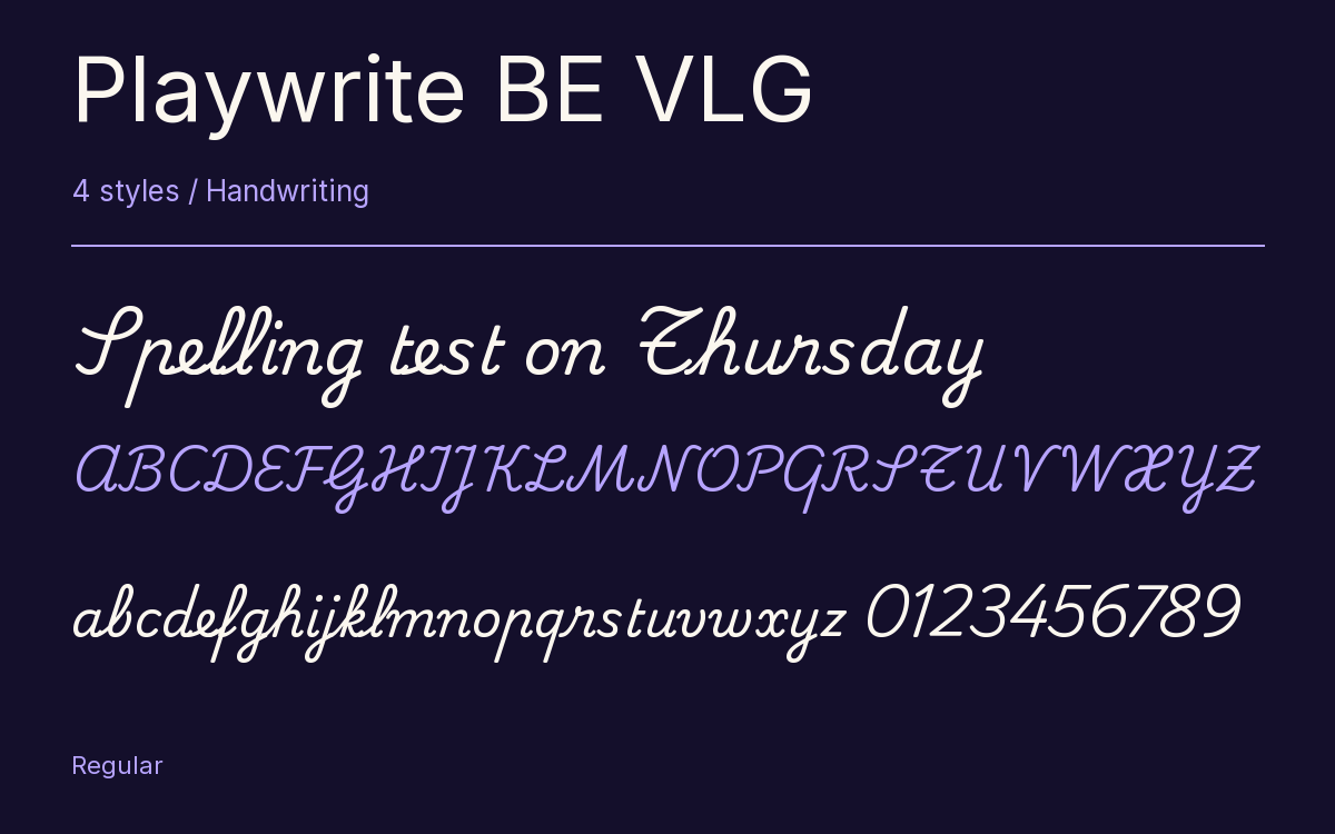 Playwrite BE VLG type specimen with letters and figures
