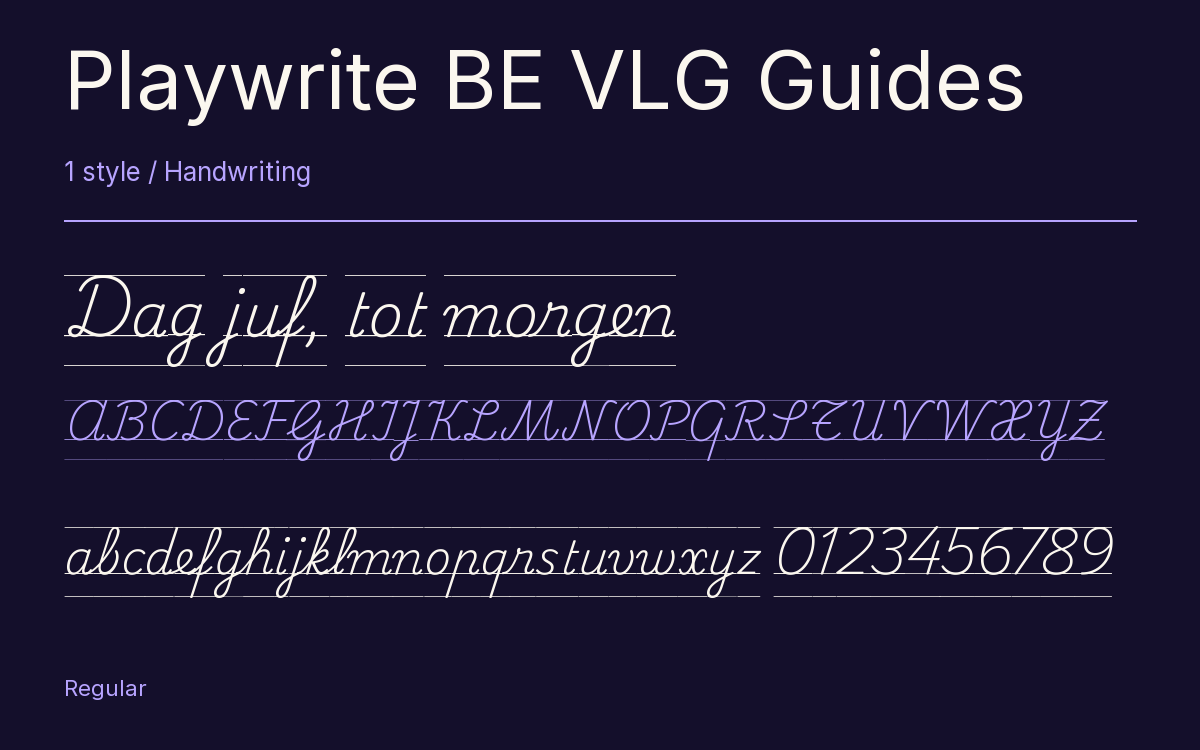 Playwrite BE VLG Guides type specimen with letters and figures