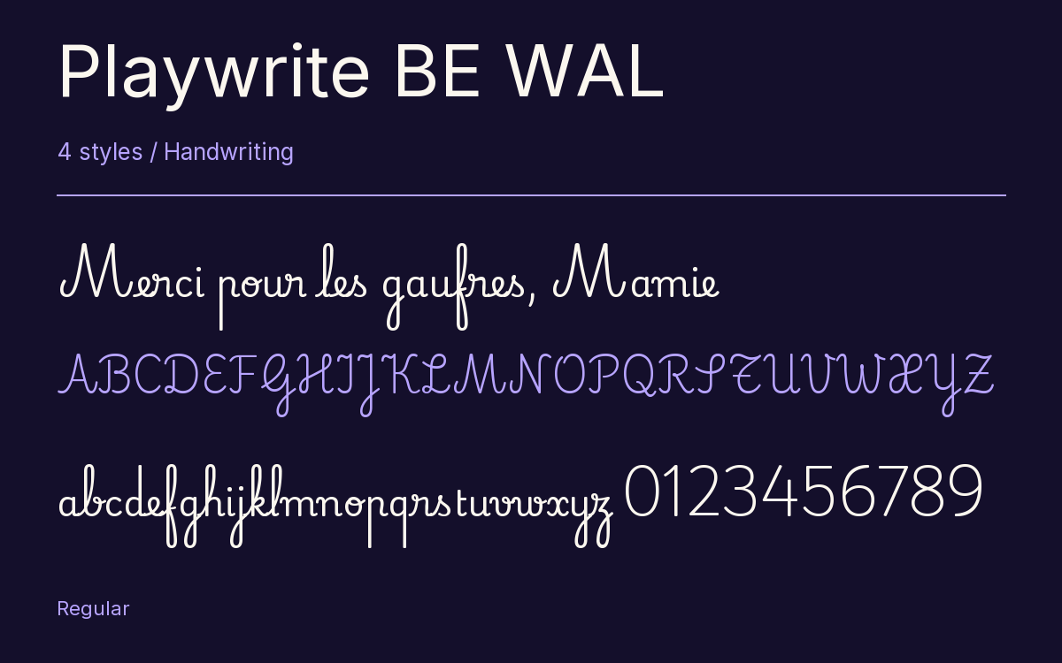 Playwrite BE WAL type specimen with letters and figures
