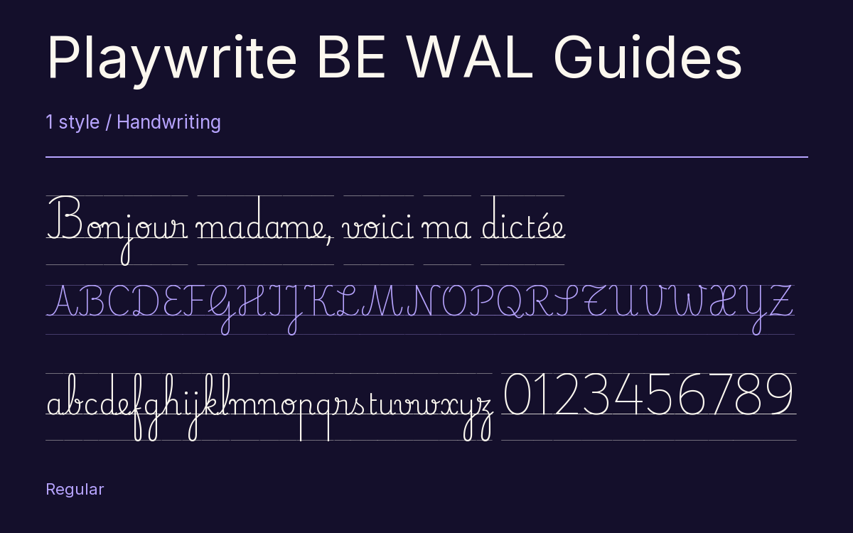 Playwrite BE WAL Guides type specimen with letters and figures