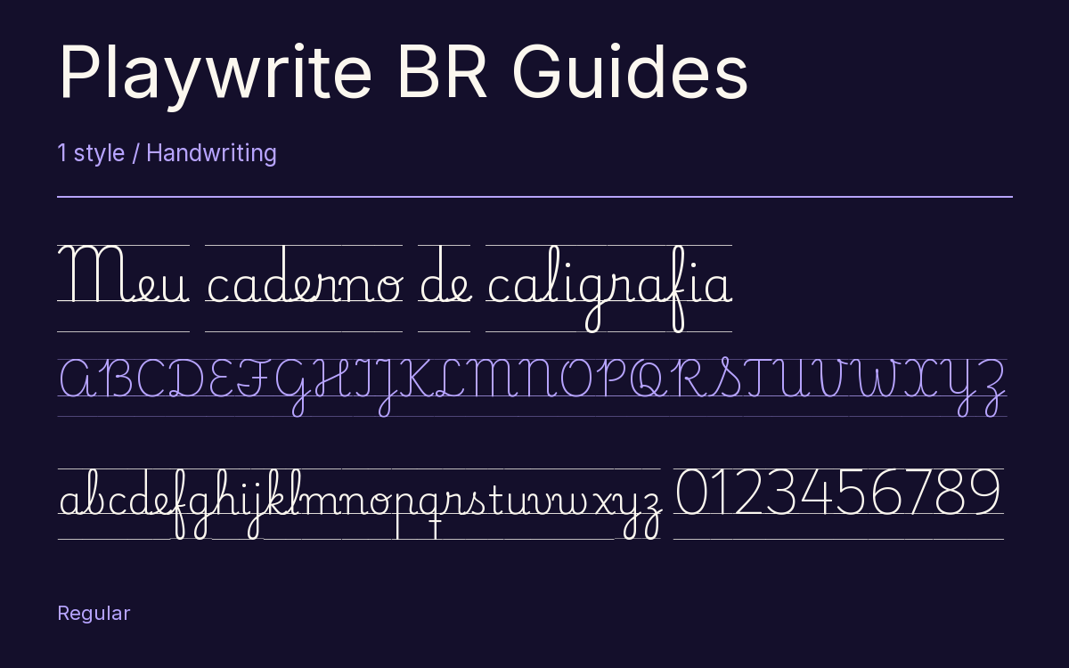 Playwrite BR Guides type specimen with letters and figures
