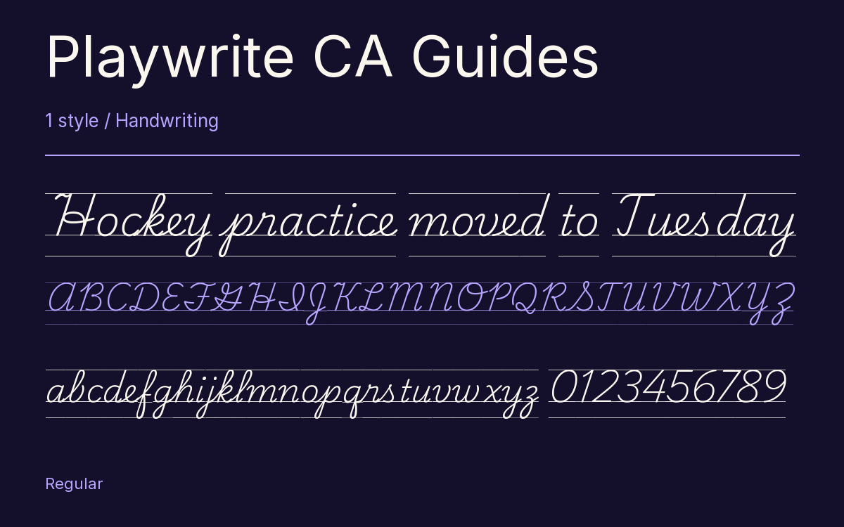 Playwrite CA Guides type specimen with letters and figures