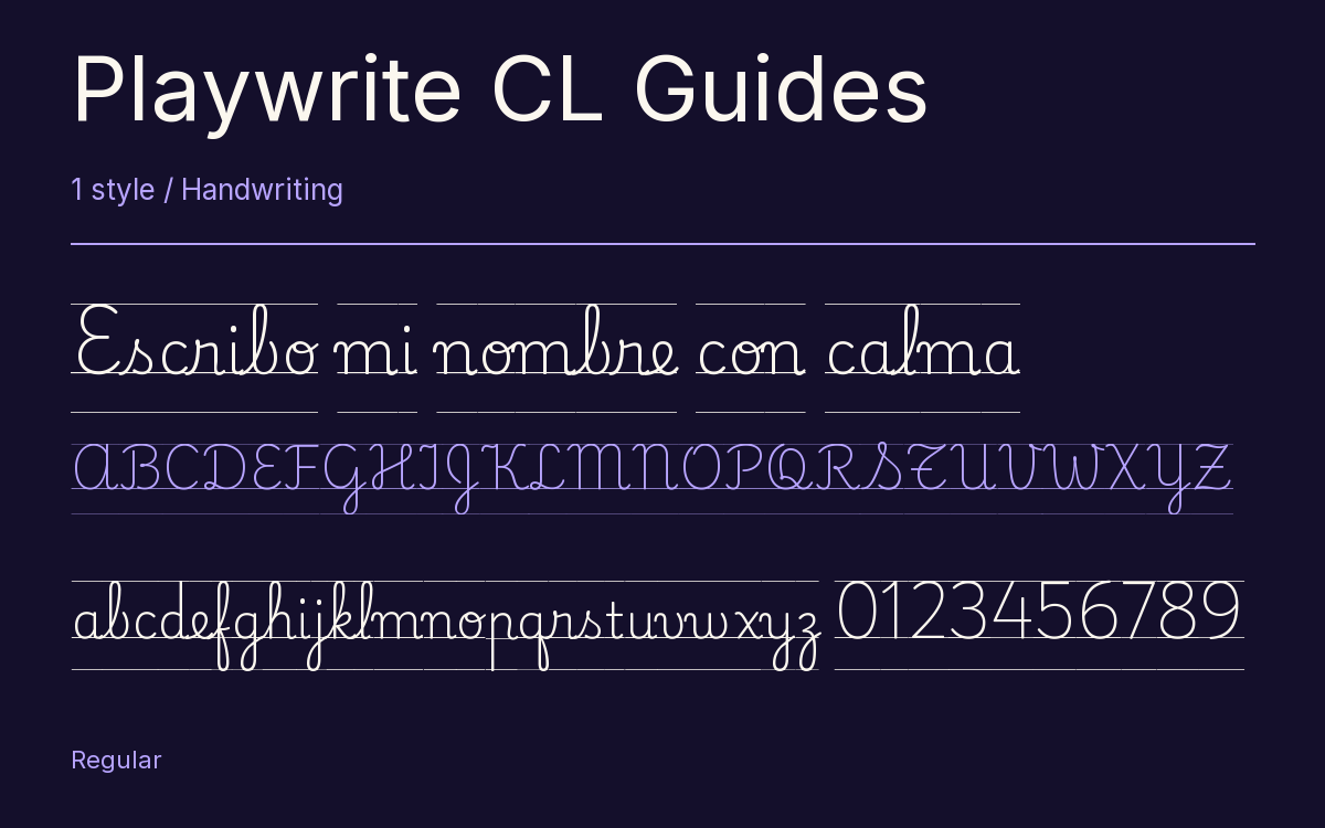 Playwrite CL Guides type specimen with letters and figures