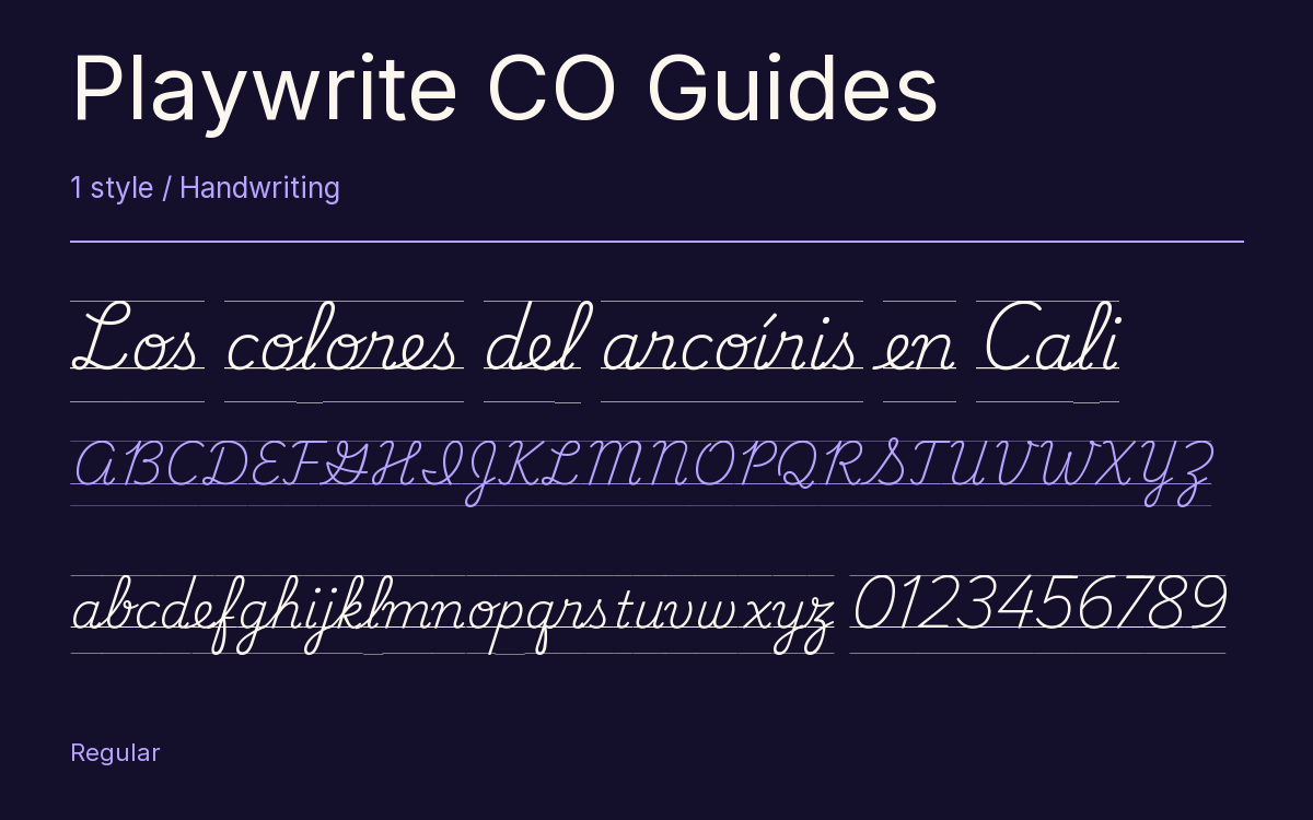 Playwrite CO Guides type specimen with letters and figures