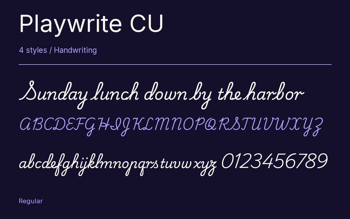 Playwrite CU type specimen with letters and figures