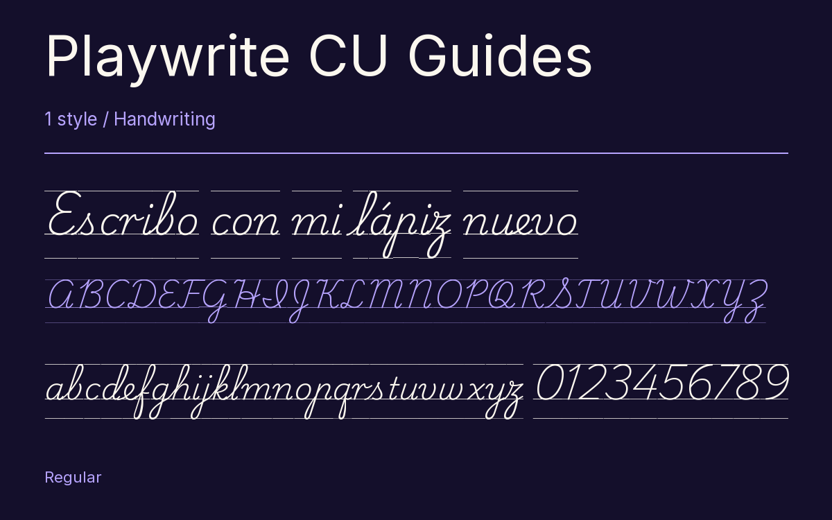 Playwrite CU Guides type specimen with letters and figures