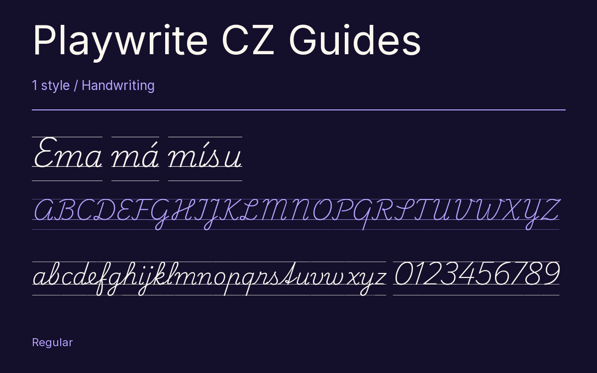 Playwrite CZ Guides type specimen with letters and figures