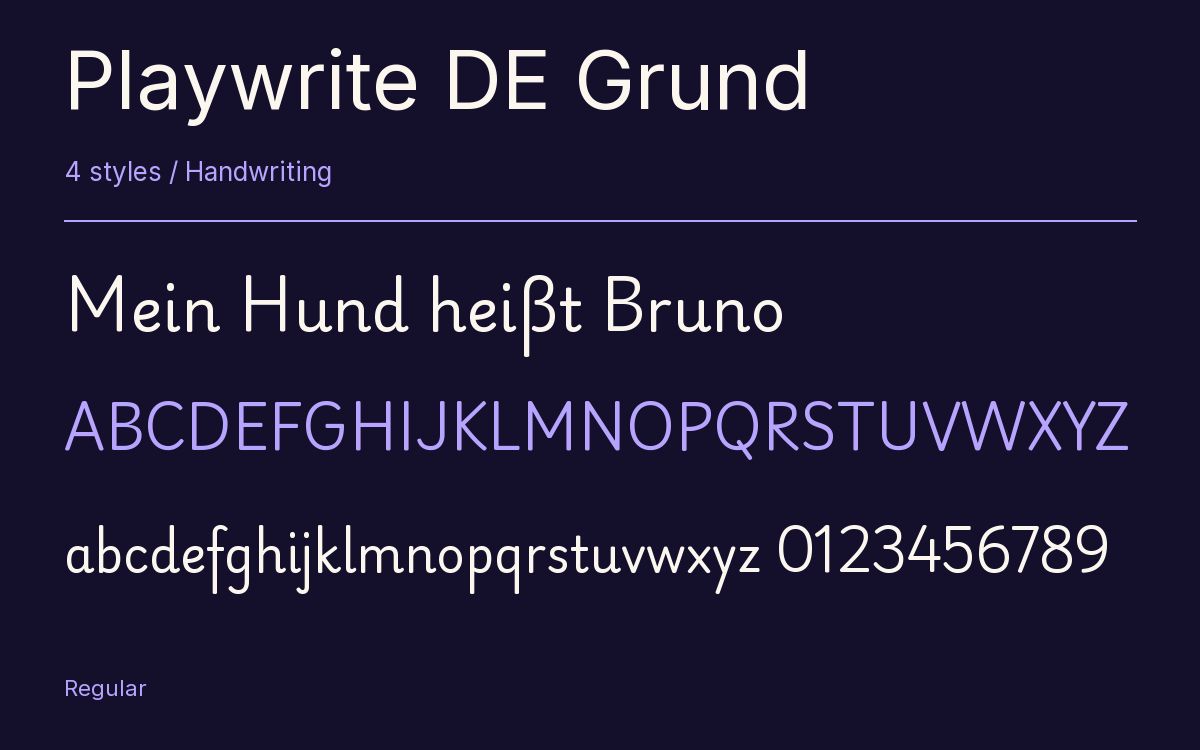 Playwrite DE Grund type specimen with letters and figures