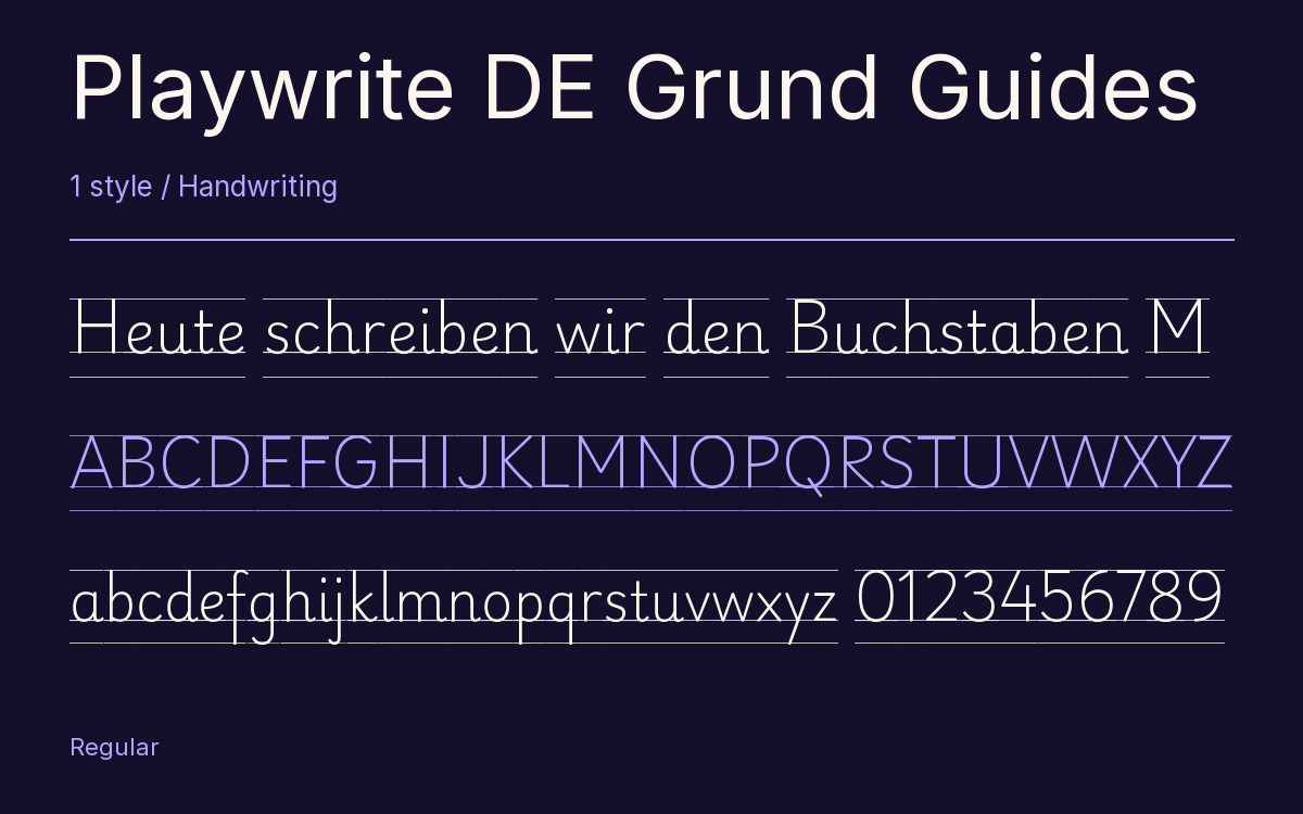 Playwrite DE Grund Guides type specimen with letters and figures