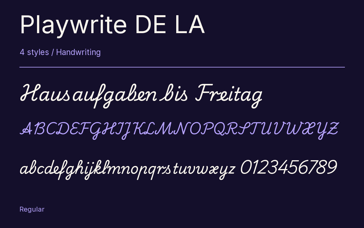 Playwrite DE LA type specimen with letters and figures