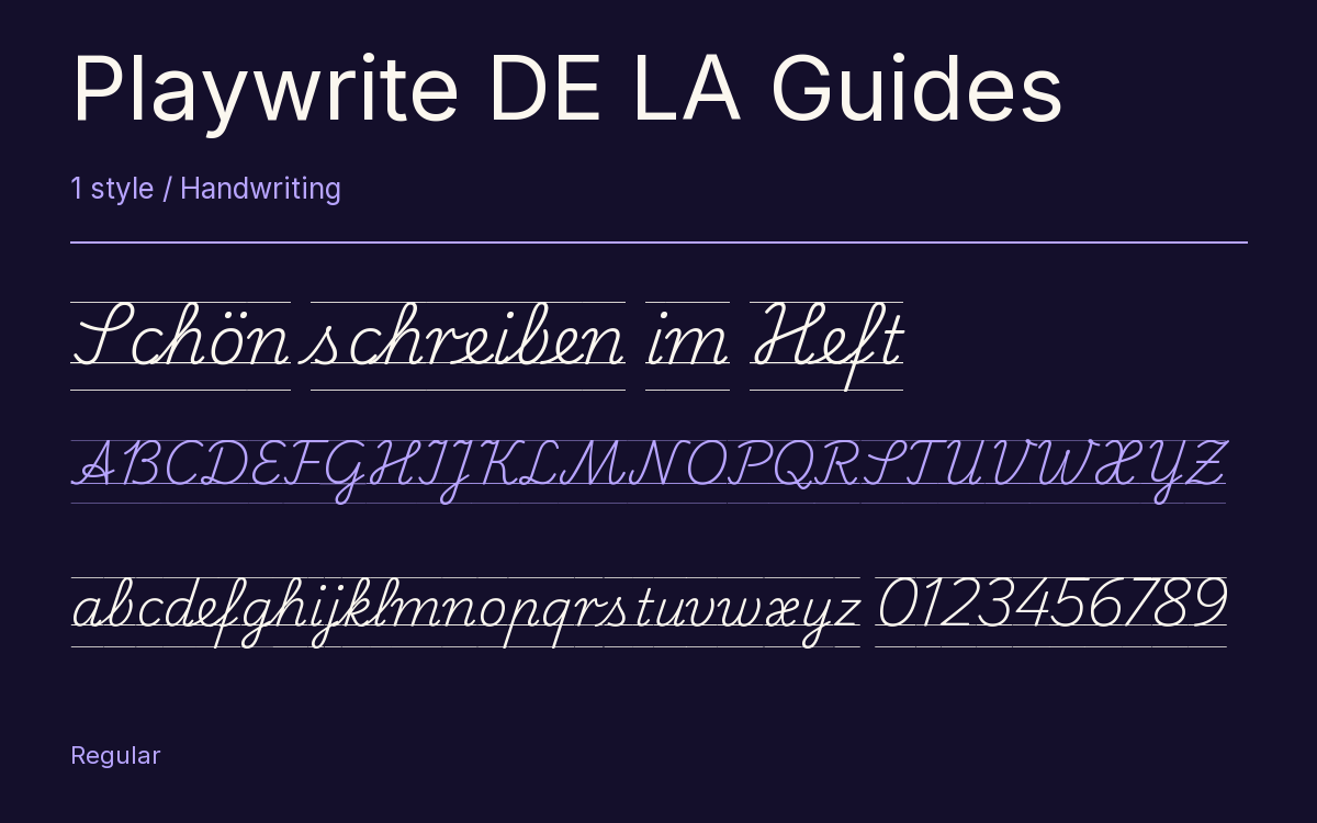 Playwrite DE LA Guides type specimen with letters and figures