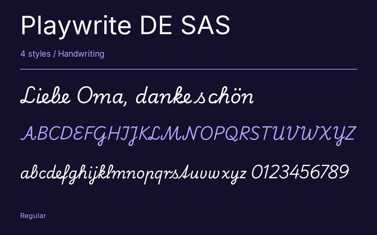 Playwrite DE SAS type specimen with letters and figures
