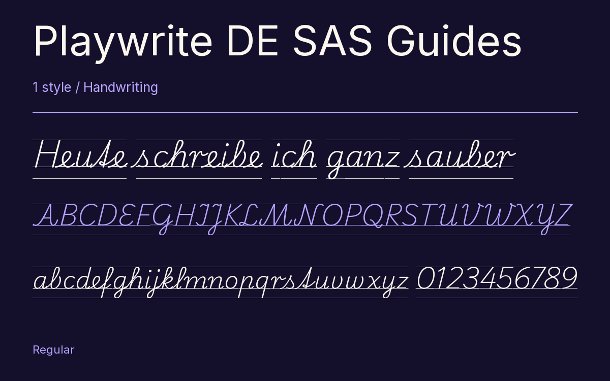 Playwrite DE SAS Guides type specimen with letters and figures