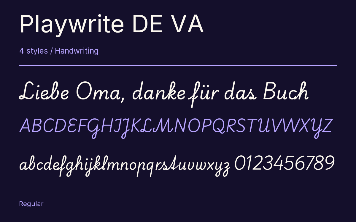 Playwrite DE VA type specimen with letters and figures