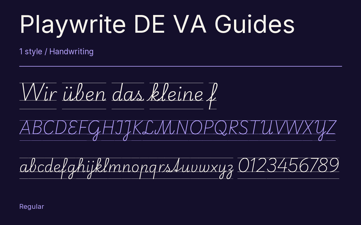 Playwrite DE VA Guides type specimen with letters and figures