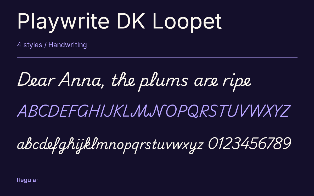 Playwrite DK Loopet type specimen with letters and figures