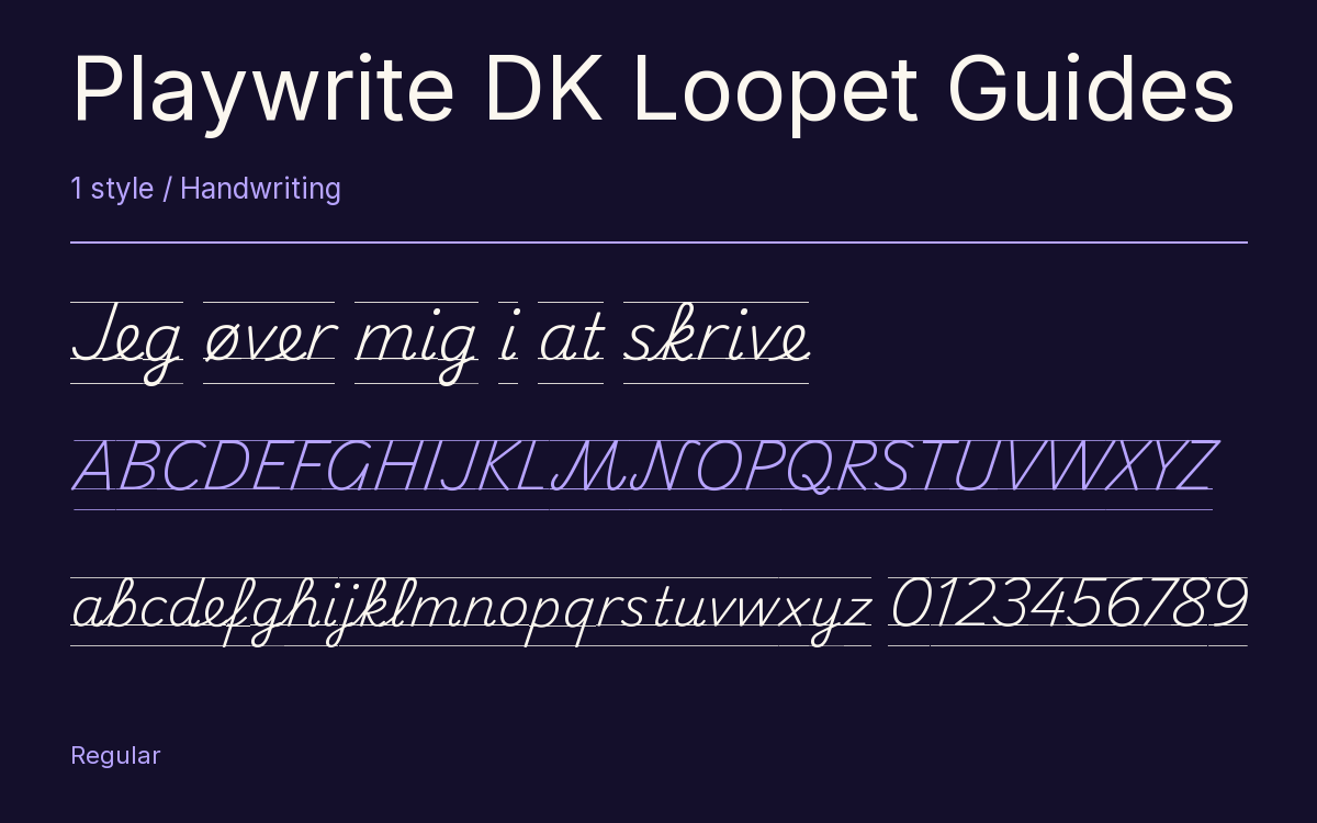 Playwrite DK Loopet Guides type specimen with letters and figures